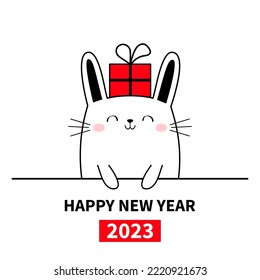 Happy Chinese New Year 2023. The year of the rabbit. Cute bunny holding red gift box. Merry Christmas. Funny kawaii doodle animal. Line hare. Cartoon character. Flat design. White background. Vector