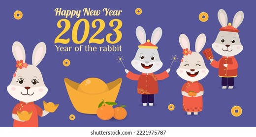 Happy chinese new year 2023. Funny bunnies in traditional chinese costumes wish happy new year.