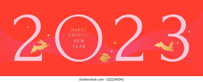 Happy Chinese New Year 2023 minimalist luxury design with running and jumping golden rabbits through numbers 2023 on red background. Modern art design for branding cover, card, poster, website banner