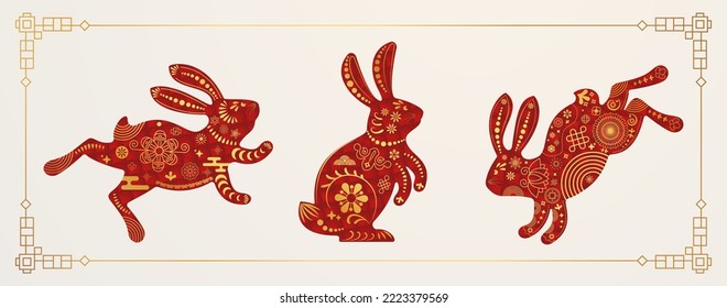 Happy Chinese New Year 2023 card. Cute jumping and sitting rabbit. Zodiac animals. Greeting card with traditional Chinese frame. Paper cut style.