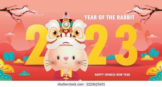 Happy Chinese new year 2023 background cute rabbit with lion dance and chinese gold ingots, year of the rabbit zodiac, gong xi fa cai cartoon character vector illustration, Translate happy new year