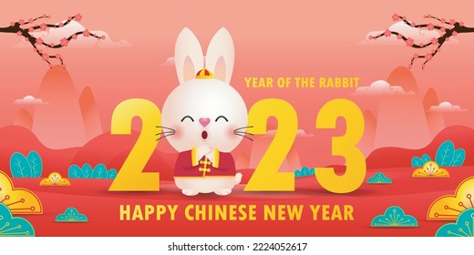 Happy Chinese new year 2023 concept cute rabbit greeting gold ingots, year of the rabbit zodiac, gong xi fa cai cartoon character vector illustration, Translate happy new year