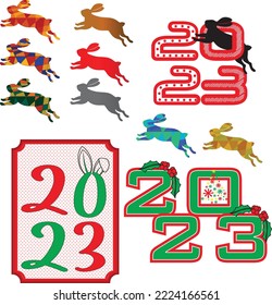 Happy Chinese new year 2023 Zodiac sign, year of the Rabbit, jumping bunnies and different styles of 2023,Vector new year 2023 illustration set with colored rabbits, animal lettering typography 