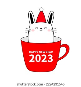 Happy Chinese New Year 2023. The year of the rabbit. Cute bunnny in cup of coffee tea. Merry Christmas. Funny kawaii doodle animal. Line hare. Cartoon character. Flat design. White background. Vector