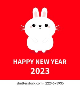 Happy Chinese New Year 2023. The year of the rabbit. White bunny hare icon. Funny sad head face. Cute kawaii cartoon character. Baby greeting card. Red background. Isolated. Flat design. Vector