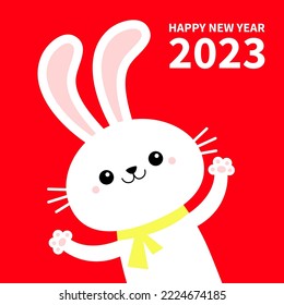 Happy Chinese New Year 2023. The year of the rabbit. Bunny waving paw print hands. Yellow scarf. Cute kawaii cartoon funny smiling baby character. Red background. Isolated. Flat design. Vector