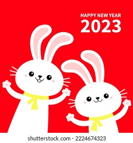 Happy Chinese New Year 2023. The year of the rabbit. Two bunny set waving paw print hand. Cute cartoon kawaii funny baby character. Yellow scarf. White farm animal. Red background. Flat design Vector