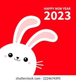 Happy Chinese New Year 2023. The year of the rabbit. Bunny face head in the corner. Cute kawaii cartoon funny smiling baby character. White farm animal. Red background. Isolated. Flat design. Vector