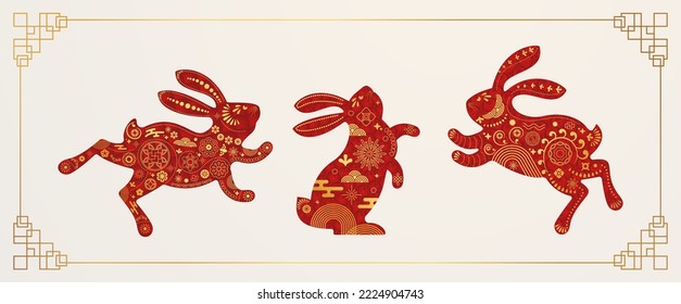 Happy Chinese New Year 2023 card. Cute jumping and sitting rabbit. Zodiac animals. Greeting card with traditional Chinese frame. Paper cut style.