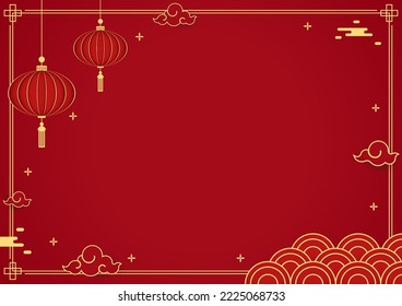 Happy Chinese new year 2023. Chinese new year banner with circle for show product. Greeting card. China frame with lantern on red background.