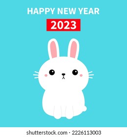 Happy Chinese New Year 2023. The year of the rabbit. White bunny icon. Cute funny head face. Kawaii cartoon character. Pink cheeks. Baby greeting card. Blue background. Flat design Vector illustration