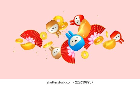 Happy chinese new year 2023 vector template. 3d asian fan, lunar red rabbit, chinese golden ingot and coins. Traditional holiday lunar New Year china design elements. Translation: Happy New Year.