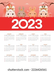 Happy Chinese new year 2023 calendar greeting card year of the rabbit zodiac, bunny glod ingot gong xi fa cai, Cartoon background vecor illustration, Translation text happy new year