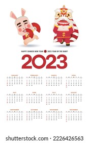 Happy Chinese new year 2023 calendar greeting card year of the rabbit zodiac, bunny glod ingot gong xi fa cai, Cartoon background vecor illustration, Translation text happy new year
