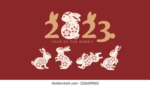 Happy Chinese New Year 2023, zodiac rabbit sign year of the rabbit paper cut art craft style. 