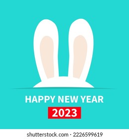 Happy Chinese New Year 2023. The year of the rabbit. Bunny ears. Hidden head face. Cute cartoon kawaii funny baby character. Farm animal. Blue background. Flat design Vector illustration