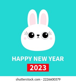 Happy Chinese New Year 2023. The year of the rabbit. White bunny hare face head round icon. Big eyelashes. Cute kawaii cartoon funny baby character. Greeting card. Blue background. Flat design. Vector