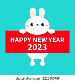 Happy Chinese New Year 2023. The year of the rabbit. White bunny hanging on paper board. Paw print. Funny head face. Cute cartoon character. Kawaii baby animal. Flat design. Blue background. Vector