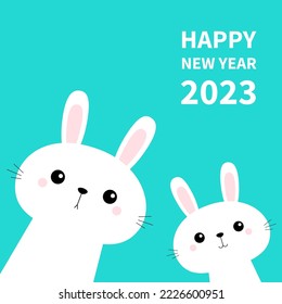 Happy Chinese New Year 2023. The year of the rabbit. Two bunny set in the corner. Friends forever. Cute cartoon kawaii funny baby kids character. Farm animal. Blue background.Flat design Vector