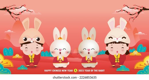 Happy Chinese new year 2023 banner template year of the rabbit zodiac with little kids and bunny greeting gong xi fa cai, brochure, calendar background vector design, Translation happy new year