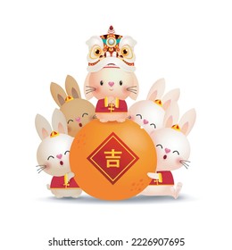Happy Chinese new year 2023 greeting card Cute Little rabbit and lion dance holding mandarin orange, year of the rabbit zodiac, gong xi fa cai, Cartoon isolated on white background vector illustration