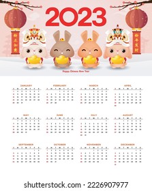 Happy Chinese new year 2023 calendar greeting card year of the rabbit zodiac, bunny glod ingot gong xi fa cai, Cartoon background vecor illustration, Translation text happy new year