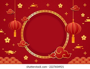 Happy Chinese new year 2023. Chinese new year banner with circle for show product. Greeting card. China frame with lantern on red background.