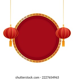 Happy Chinese new year 2023. Chinese new year banner with circle for show product. Greeting card. China frame with lantern on red background.