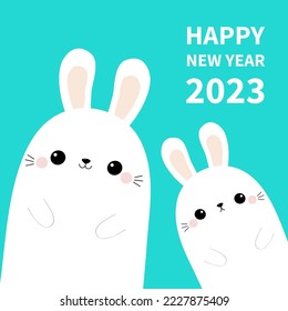 Happy Chinese New Year 2023. The year of the rabbit. Two white bunny hare face silhouette family set. Pink blush cheeks. Cute cartoon kawaii funny baby character. Flat design Blue background. Vector