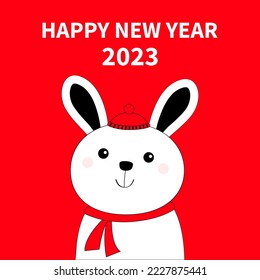 Happy Chinese New Year 2023. The year of the rabbit. Bunny hare face head black line icon. Scarf and hat. Hello winter. Cute cartoon kawaii funny baby character. Red background. Flat design. Vector