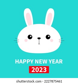 Happy Chinese New Year 2023. The year of the rabbit. White bunny round face head icon. Big ears. Cute kawaii funny cartoon character. Baby greeting card. Blue color background. Flat design. Vector