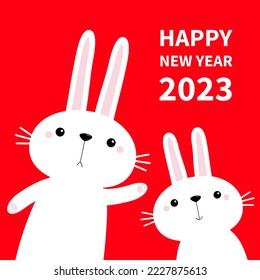 Happy Chinese New Year 2023. The year of the rabbit. Two bunny waving paw print hand. Cute cartoon kawaii funny baby character. White farm animal. Red background. Greeting card. Flat design. Vector