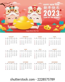 Happy Chinese new year 2023 calendar greeting card year of the rabbit zodiac, bunny glod ingot gong xi fa cai, Cartoon background vecor illustration, Translation text happy new year
