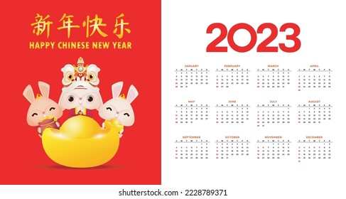 Happy Chinese new year 2023 calendar greeting card year of the rabbit zodiac, bunny rabbit glod gong xi fa cai, Cartoon background vecor illustration, Translation text happy new year