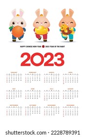 Happy Chinese new year 2023 calendar greeting card year of the rabbit zodiac, bunny rabbit glod gong xi fa cai, Cartoon background vecor illustration, Translation text happy new year