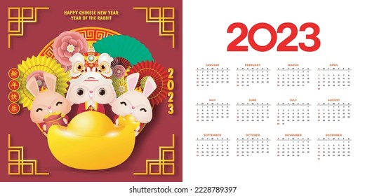 Happy Chinese new year 2023 calendar greeting card year of the rabbit zodiac, bunny rabbit glod gong xi fa cai, Cartoon background vecor illustration, Translation text happy new year