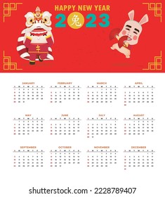 Happy Chinese new year 2023 calendar greeting card year of the rabbit zodiac, bunny rabbit glod gong xi fa cai, Cartoon background vecor illustration, Translation text happy new year