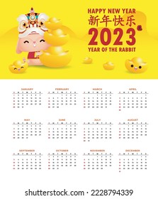 Happy Chinese new year 2023 calendar greeting card year of the rabbit zodiac, bunny rabbit glod gong xi fa cai, Cartoon background vecor illustration, Translation text happy new year