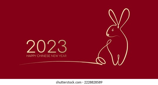 Happy Chinese New Year 2023, Year of the rabbit by brush stroke abstract paint continuous line gold gradient isolated on red background.