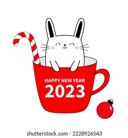 Happy Chinese New Year 2023. The year of the rabbit. Merry Christmas. Cute bunnny in red cup of coffee tea. Candy cane. Xmas ball. Kawaii hare. Cartoon character. Flat design. White background Vector