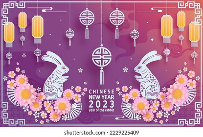 Happy chinese new year 2023 year of the rabbit zodiac with on color Background. (Translation : Happy new year)
