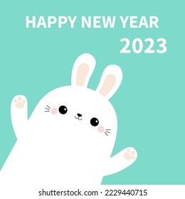 Happy Chinese New Year 2023. The year of the rabbit. Bunny head face in the corner. Waving paw print hand. Cute cartoon kawaii funny baby character. Farm animal. Blue background. Flat design. Vector