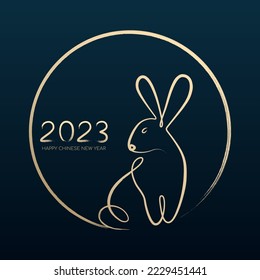 Happy Chinese New Year 2023, Year of the rabbit by brush stroke abstract paint continuous line gold gradient isolated on dark blue background.