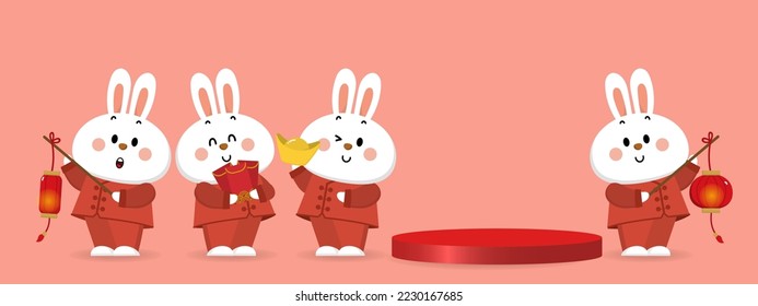 Happy Chinese new year 2023 with cute rabbit, gold money, lantern and product display podium. Animal holidays cartoon character. 