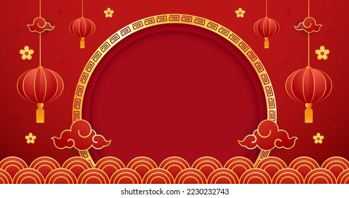 Happy Chinese new year 2023. Chinese new year banner with circle for show product. Greeting card. China frame with lantern on red background.