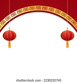 Happy Chinese new year 2023. Chinese new year banner with circle for show product. Greeting card. China frame with lantern on red background.