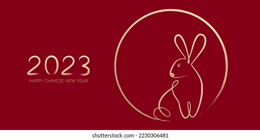 Happy Chinese New Year 2023  Year the rabbit by brush stroke abstract paint continuous line gold gradient isolated red background 