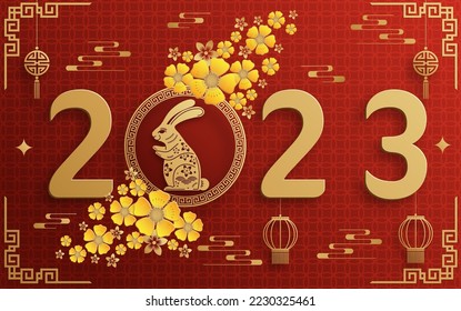 Happy chinese new year 2023 year of the rabbit zodiac with on color Background. (Translation : Happy new year)
