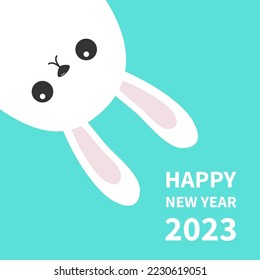 Happy Chinese New Year 2023. The year of the rabbit. White bunny hanging upside down. Hare looking from the corner. Flat design. Cute kawaii cartoon character. Greeting card. Blue background. Vector