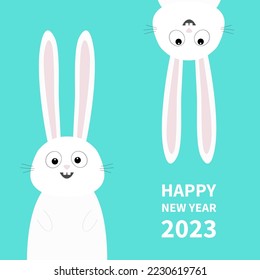 Happy Chinese New Year 2023. The year of the rabbit. White bunny set. Funny head face hanging upside down. Long ears. Cute cartoon character. Baby collection. Flat design. Blue background Vector
